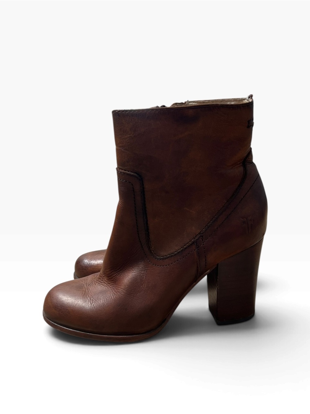 Frye Brown Leather Block Heel Ankle Boots - Picture 3 of 10